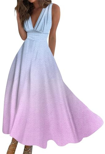 Vasreyy Langes Kleid Damen ElegantSommerkleid Festlich Elegant Farbverlauf Farbblock Ärmelloses Tank Wickelkleid Junge FrauAm Fenster StehendAbendlichtBlaues(XL,Rosa