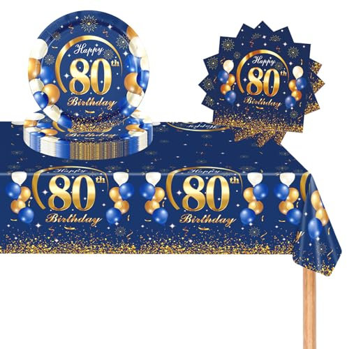 POPOYU 37Pcs Navy Blue Gold 80th Birthday Tableware Set,80th Birthday Napkins Blue and Gold,80th BlueGold Table Cloth,80thBirthday Paper Plates for Him Her Men Women BirthdayGift Party Supplies