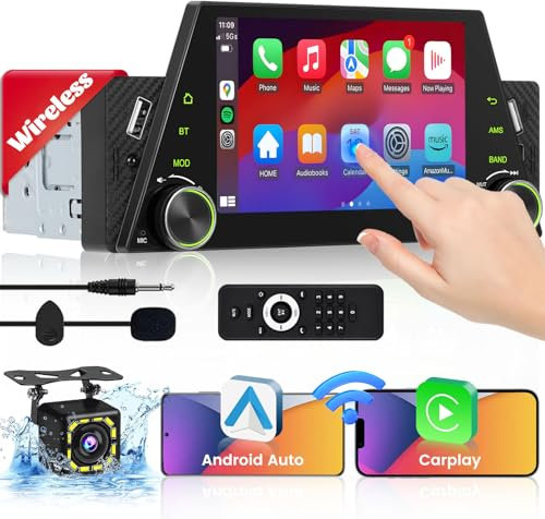 Wireless Carplay 1 DIN Radio Coche Android Auto, 5 Pulgadas Pantalla Táctil Autoradio Touchscreen Manos Libres Bluetooth FM Estéreo Coche Reproductor EQ Mic Cámara Trasera