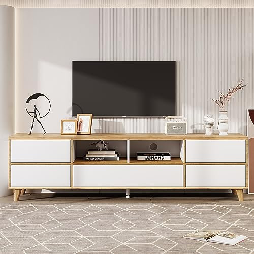 Goeria Mueble de TV de color blanco y madera con compartimentos y puertas de estilo rústico natural.