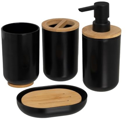 Set de dispensador, portacepillos, Vaso y jabonera de plástico Negro y bambú