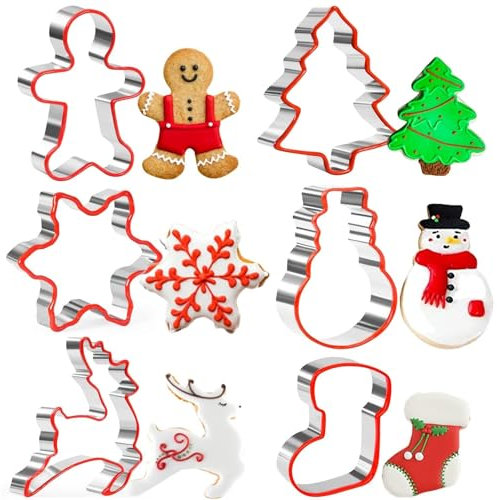 Cortadores de galletas de Navidad, 6 cortadores de galletas de acero inoxidable con borde de silicona suave, hombre de jengibre, árbol de Navidad, reno, copo de nieve, muñeco de nieve y calcetín de