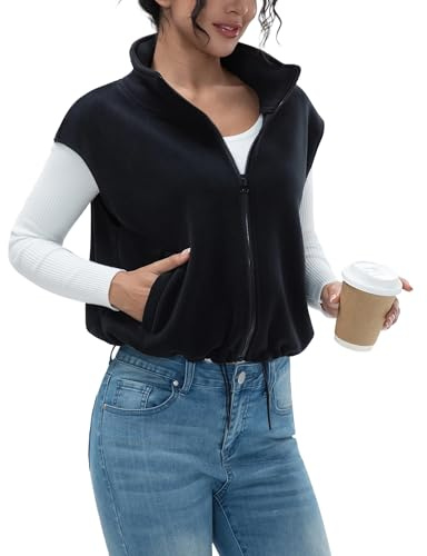 miswek Women's Full Zip Fleece Short Vest Warm Winter Sleeveless Stand Collar Sherpa Crop Coat(Black S)
