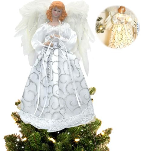 Yallmie 32cm Ángel Árbol de Navidad, Tela de Ángel de Navidad con LED Luz Angeles Figuras de Navidad, Control de la Batería Decoración de Árboles de Navidad para Decor Hogar y Fiestas (Plata-2)