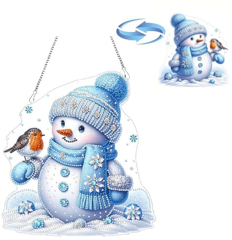 CXINLky DIY Diamond Art Painting Anhänger mit Kette, Diamant Painting Fensterbilder, Weihnachten Schneemann Diamond Malerei Wandbehang Kits für Fenster Wand Garten Decor-03-Schneemann