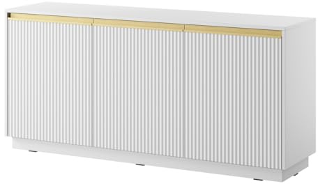 Emporius Sideboard 150 cm Baron - Modern, Kommode mit 3 Türen - Kommode mit Gold Accessoires und geriffelten Fronten - Weiß