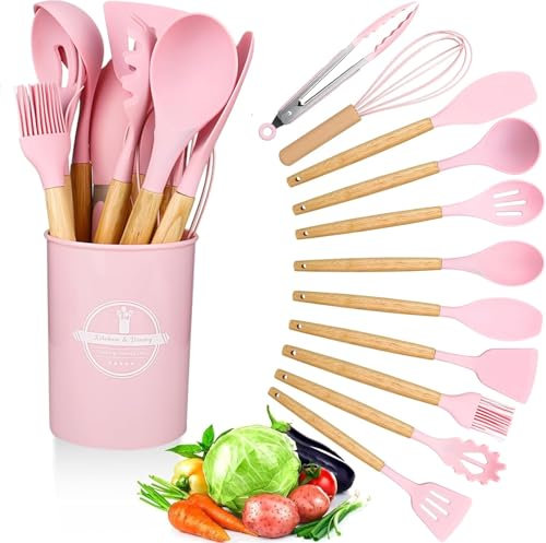 Kitchen Utensil Set 12 PCS Silicone Cooking Utensils Set with Wooden Handle Non-Stick Cooking Spoons Utensil Sets Silicone Kitchen Utensils Set Heat Resistant Kitchen Tools Heat Resistant Set(Pink)
