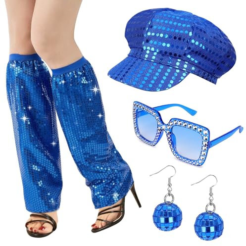 Xerteam 6Pcs 70s Disco Accessories, 70s Fancy Dress Women Accessories, Sequin Hat Frame Bling Sunglasses Earrings Leg Warmers, Disco Costume Set for Women Retro 70 Theme Party Hippie Costume