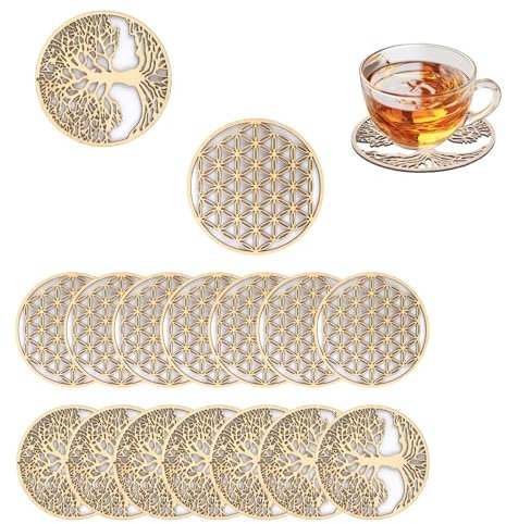 ZIJANG 16 Pièces Dessous de Verre Bois, Diamètre 10 cm Fleur de Vie en Bois, Rond sous Verre Bois, 2 Styles, Dessous de Verre Anti-Brûlure pour Cuisine, Salon et Salle à Manger