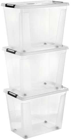 Gardissimo 3 er Set Aufbewahrungsbox mit Deckel und Rollen Clip 80 Liter, Kunststoff Boxen Stapelboxen Plastik, MADE IN Europe, Clip-Verschluss, BPA-frei transparent/durchsichtig