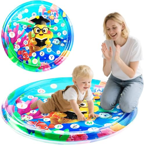 Premium Baby Wasser Matte – 105cm Große Aufblasbare Spielmatte für Sensorik & Motorik, Tummy Time Aktivität mit Alphabet, Sicher für Babys & Haustiere (Hunde/Katzen), Unterwasser-Design