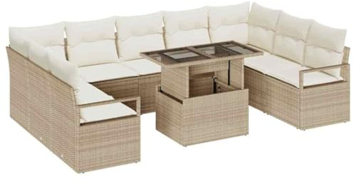 vidaXL 10-teiliges Garten-Sofa-Set mit Kissen in Beige aus Poly Rattan – Wetterfestes, modulares Loungemöbel für 5 Personen, perfekt für die Terrasse. Bequeme, geflochtene Stühle zum Entspannen.