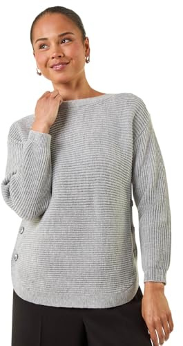 Roman Petite Curve Hem Knit Jumper for Women UK - Ladies Everyday Autumn Winter Round Neckline Comfy Soft Evening Vacation Work Party Night Out - Petite Grey - Size 18