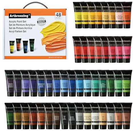 Artbreezing 48 Profi Acrylfarben Set, Künstler-Malfarben Hochwertig | Hochpigmentierte Künstlerfarben für Künstler, von Anfängern bis Profis, ideal für Leinwand, Holz, Stoff, Papier