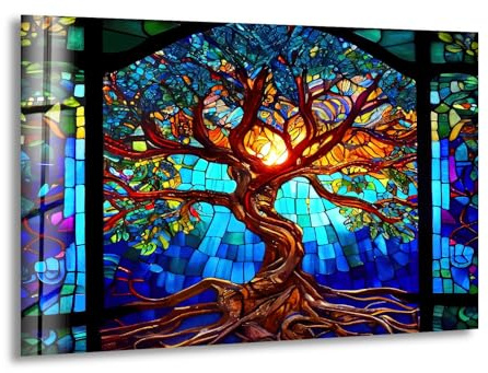 Myphotostation 70x50cm Blue Tree of Life Stained Printed Toughened Glass Splashback for Kitchen, Tempered Heat Resistant Glass Splashbacks for Cookers