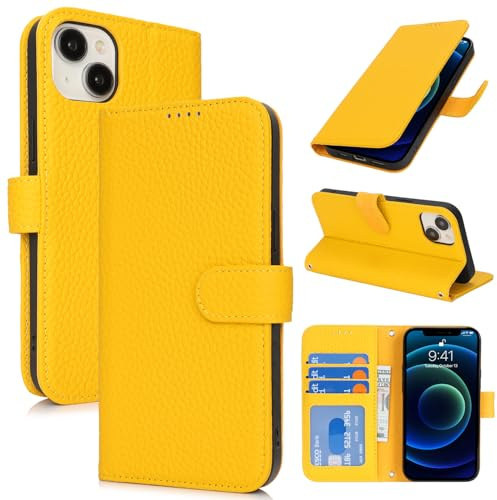 Zouzt Leather Wallet Case for iPhone 13 Mini, 4 Card Slot, Yellow | Genuine Leather, Card Holder, Shockproof TPU Shell, Magnetic Closure, Protective Flip Folio Phone Cover, For Women Men