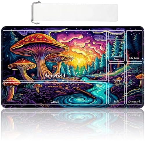 MTG Playmat with Zones 24x14 Inch – Trading Card Game Mat for Magic The Gathering, TCG Playmat with Free Storage Bag, Non-Slip Rubber Base Card Battle Play Mat, Mystic Mushrooms