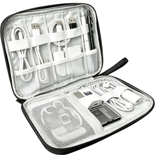 MeiLang Travel Cable Organiser Electronics Accessories Organizer Waterproof Portable Tech Pouch with Handle for USB Cable SD Drive Cords Black