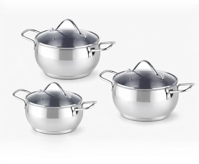 BAVARY Batterie De Cuisine Inox 18/10, 6 Pcs Casserole Inox - Faitout Induction - Batterie De Cuisine Induction Avec Casserole Induction & Couvercles Verre - Casserole Tout Feux, Ustensiles De Cuisine