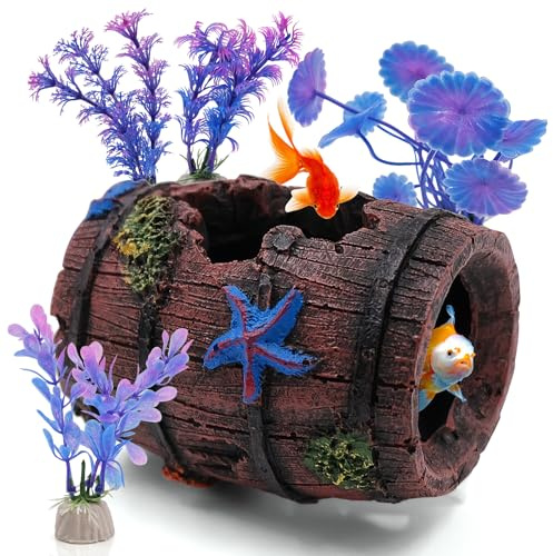 OVBOVA Fish Tank Decorations 5-Piece Set, Aquarium Ornaments with Starfish Barrel Cave & Artificial Plants, Betta Fish Accessories & Shrimp Hideout for Aquarium, Vivarium, Reptile Habitat