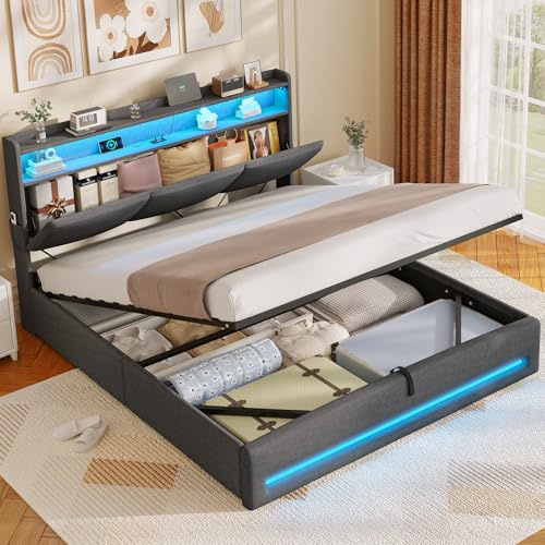 AOGLLATI Lit Coffre 140×190 avec LED et Ports USB,Tête de Lit capitonné avec Étagères Ouvertes et Rangement Caché, lit 2 Personnes avec Hydraulique, Sommier à Lattes, Lin Gris Foncé(sans Matelas)