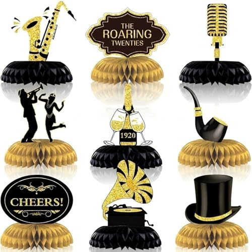 Tarqite 9 Stück Roaring 20s Waben Tischdekoration, Schwarz-Gold Party Mittelstücke, Tischdeko Bienenwaben, Retro Party Tischaufsätze für Geburtstag, Hochzeit, 1920er Mottoparty