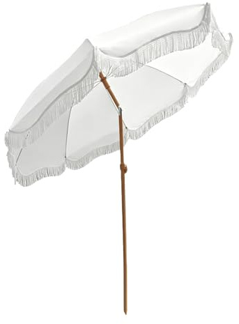 6.56ft Outdoor Garden Umbrella with Tassels, Boho Beach Parasol, Push Button Tilt, for Poolside Lawn Backyard Patio(White)
