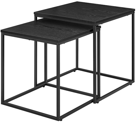 Couchtisch quadratisch 2er Set für Wohnzimmer – Beistelltische im Loft-Design, ineinander schiebbar, Sofatische aus Holzwerkstoff und Stahl, modern, platzsparend (Schwarz - Schwarz)