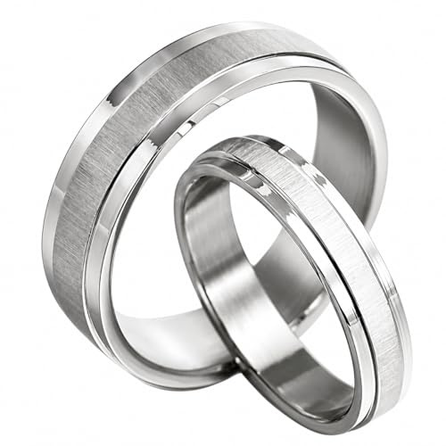Gemini Ehering-Set für Sie und Ihn, gebürstetes Silber | Premium-Titan, gebürstete Mitte, polierte Kanten, flaches Profil, gerader Rand, hypoallergen, leicht, Paarbänder
