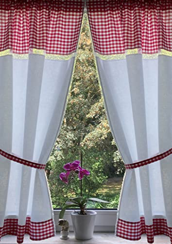 Leinenshop24 Landhaus Gardinen Set 2 St + 2 Bindebänder Rot Weiß Karo mit Spitze 140x75cm/Gesamt 150cm breit 100% Baumwolle kariert Greta
