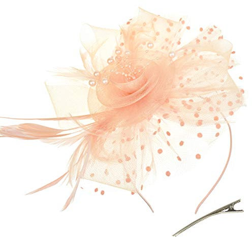 DRESHOW Fascinators Hut Blume Mesh Bänder Federn auf einem Stirnband und einem geteilten Clip Cocktail Tea Party Headwear für Mädchen und Frauen, - Lachs - Gr. Einheitsgröße