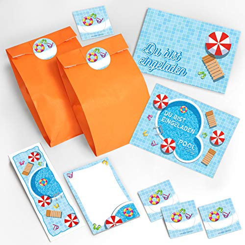 JuNa-Experten 12 Einladungskarten zum Kindergeburtstag Schwimmbad Party/Pool Party/schöne und bunte Einladungen incl. 12 Umschläge, 12 Party-Tüten/orange, 12 Aufkleber, 12 Lesezeichen, 12 Notizblöcke