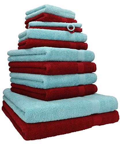 Betz 12-TLG. Handtuch Set Premium 100% Baumwolle 2 Duschtücher 4 Handtücher 2 Gästetücher 2 Seiftücher 2 Waschhandschuhe rubinrot/Ocean