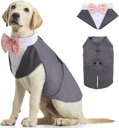 Kuoser Hund Smoking Anzug & Bandana Set, Haustier Fomal Kleidung Hunde Mantel mit Abnehmbarer Fliege, Hundeanzug Welpe Kostüm Shirt für Hochzeit Halloween Geburtstag Party, S-XXL