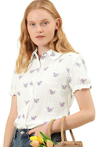 Allegra K Women's Short Sleeve Button-Up Peter Pan Collar Blouse, White Floral, XL
