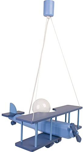 HELLUX Kinderzimmer Lampe Decke aus Holz | Deckenleuchten für Kinder | Kinderlampe Decke 75x42x45cm für Babyzimmer | Flugzeug Lampe E27 ohne Leuchtmittel (Blau)