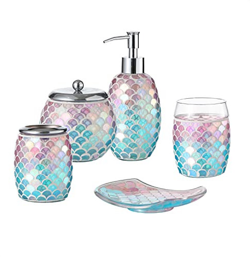 Motifeur Badzubehör Set, 5-teiliges Glas Badzubehör Komplettset mit Lotionspender/Seifenpumpe, Baumwolldose, Seifenschale, Becher und Zahnbürstenhalter (Meerjungfrau)