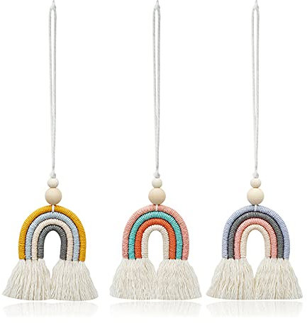 3 Stücke handgewebte wanddeko Regenbogen,Kinderzimmer Regenbogen Makramee Wanddeko,Regenbogen Wandbehang Anhänger,mit Zwei Holzperlen,Autorückspiegel, Zuhause, Kinderzimmer Wand Dekoration