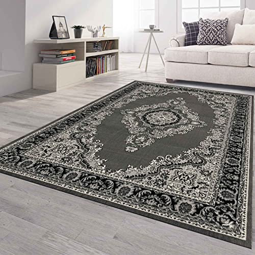 VIMODA Orient Teppich grau schwarz klassisch Ornament dicht gewebt Kurzflor farbecht, Maße:80x300 cm