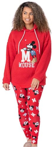 Disney Mickey Mouse Womens Pyjama Set | Ladies Red Red Borg Hoodie With Legging Bottoms | Embroidered Silver & Gold Iconic Cartoon | Long Sleeve and Long Leg Trousers | Merchandise Gift for Adults