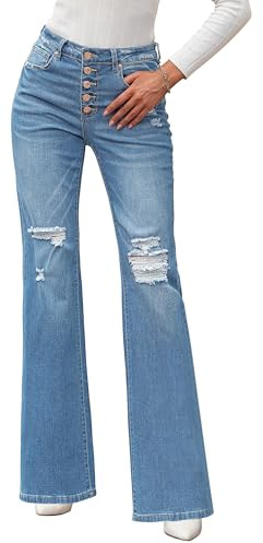 Roskiky Jeans Damen High Waist Schlaghose Damen Jeans mit Löchern Stretch Baggy Jeans