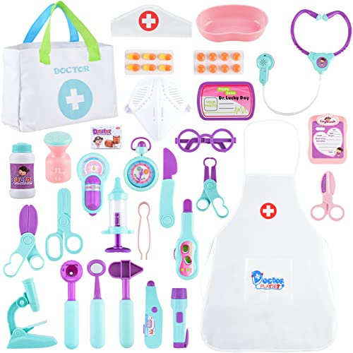 FRIUSATE Ärzte-Set für Kinder, Pretend Doctor Kit Spielzeug Medizinisches Spielset mit Stethoskop, Edelstahl-Tablett, Orgelschürze, Arzt-Rollenspiel, Jungen, Mädchen