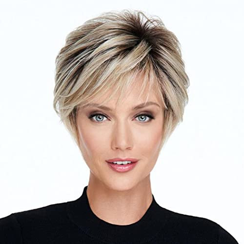 AIYLMZ Kurze ombreblonde Pixie-Schnitt-Perücken mit Pony für Frauen, ombreblond, stilvolle, flauschige, geschichtete Perücken, natürliche, flauschige, synthetische, gerade Perücken (Ombre-Blond)