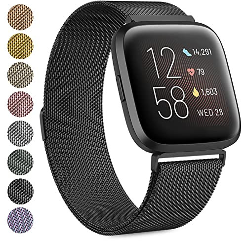Oumida Armband für Fitbit Versa 2 Armband/Fitbit Versa Armband/Fitbit Versa Lite Armband für Damen Herren, Prämie Edelstahl Metall Ersatzarmband Armbänder mit Starker Magnet, Groß Schwarz