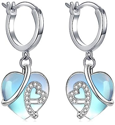 AOBOCO Mondstein Herz Creolen Ohrringe Damen - 925 Sterling Silber Baumeln Tropfen Liebes Herz Ohrringe Schmuck mit Mondstein für Valentinstag & Geburtstag Geschenke für Sie, Frau, Freundin