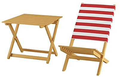Erst-Holz Klappstuhl Strandstuhl Anglerstuhl Gartenstuhl Stuhl zum Zusammenstecken rot-weißem Bezug V-10-353, Ausstattung Liegestuhl:Doppelpack mit Tisch