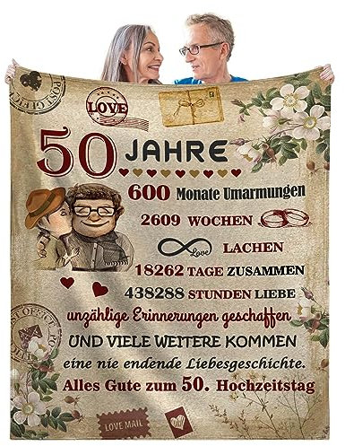 Goldene Hochzeit Geschenke - Superweiche Decke zum 50 Hochzeitstag Frauen Männer, Jahrestag Hochzeitstag Valentinstag Geburtstag Geschenke Für Sie Ihn, 130x150cm, Kuscheldecke Fleecedecke