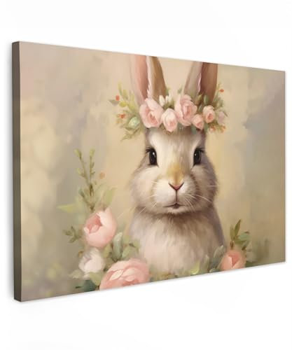 MuchoWow© Impression sur Toile Decoration Murale Peinture 60x40 cm Tableaux Decoratifs Muraux Décoration Chambre Chambre enfant - Femme - Lapin - Fleurs - Rose - Animaux