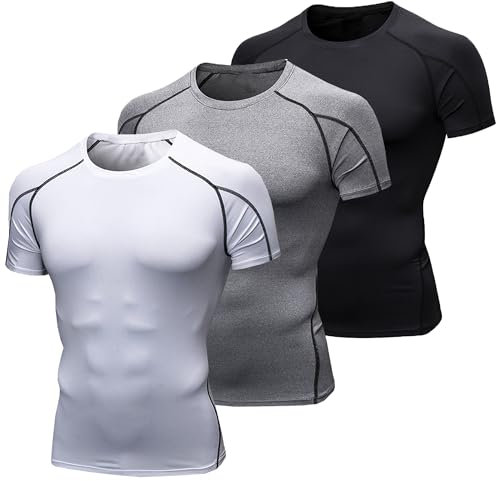 3 Pack Mens T-Shirts Crew Neck Compression Tops for Mens Short Sleeve Running Shirts Quick Dry Base Layer Top for Gym T- Shirts Sports Fitness Workout Cycling,Training