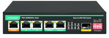 LINOVISION Solar PoE Switch avec contrôleur de Charge Solaire intégré, Gestion de la Batterie et Chargement DC Externe, Alimentation UPS Non-Stop pour jusqu'à 5 caméras PoE et appareils PoE 24V